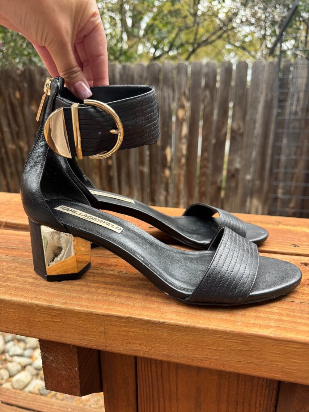 Karl Lagerfeld Paris Haila Black Leather Gold Mirror Block Heel Sandals - Size 8